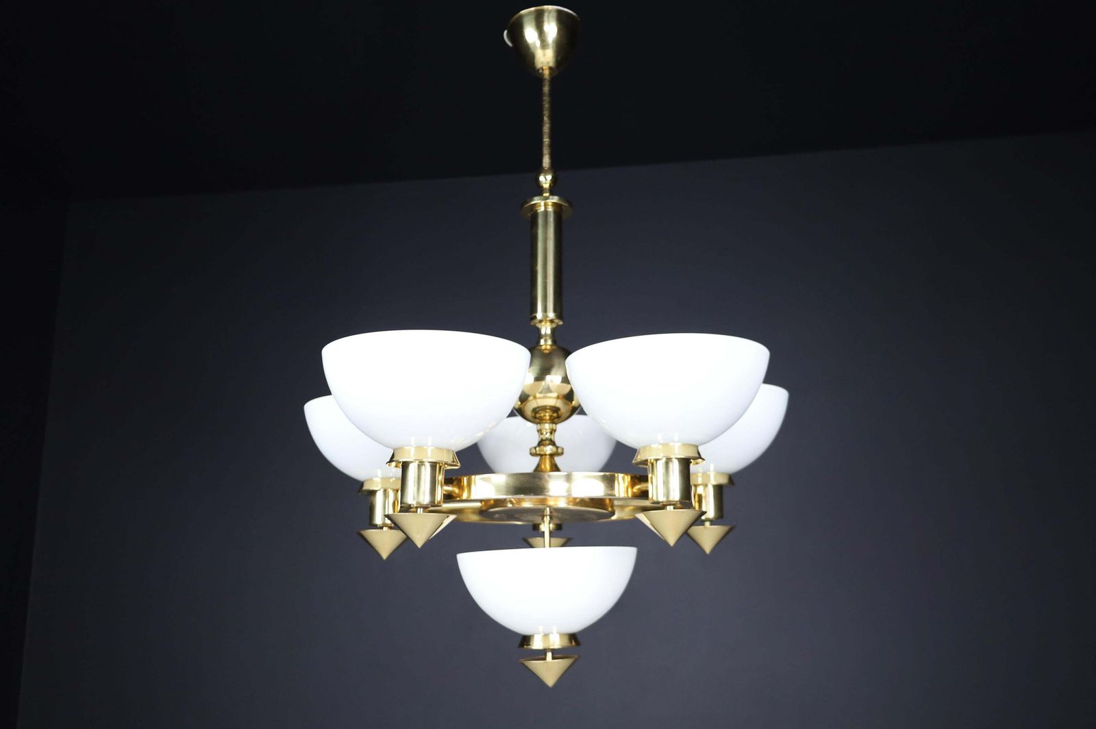 Sculptural Italian Chandelier In Brass & White Opaline Glass, 1970s 12 Available photo furniture