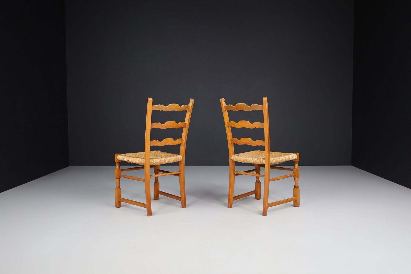 Pair Of French Provincial Oak And Rush Chairs, France, 1960s photo for sale