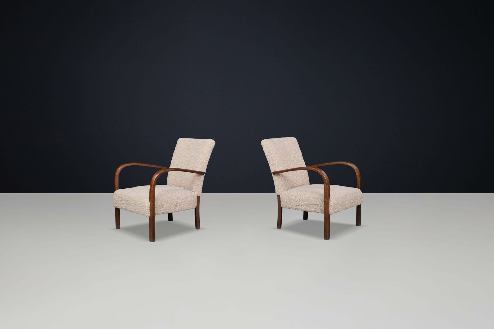 Pair Of Art Deco Armchairs In Walnut And Teddy Upholstery, Czech Republic, 1930s photo furniture