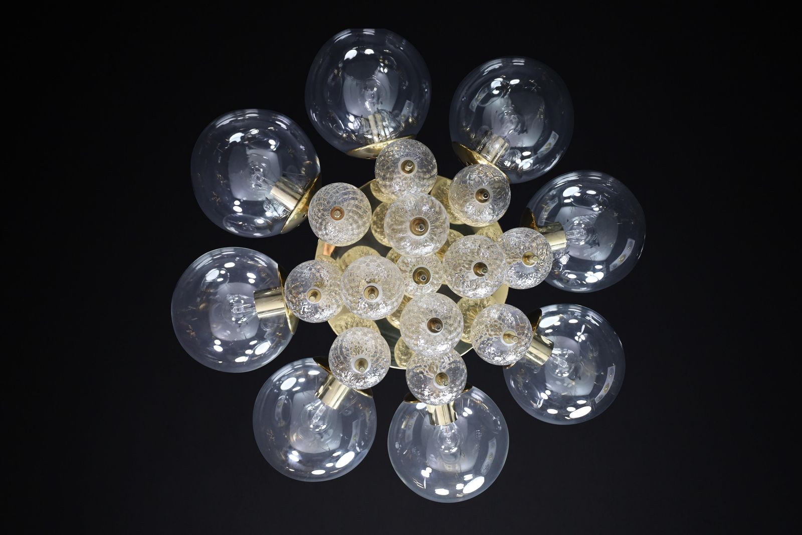 Large Mid Century Preciosa Chandelier Brass And Glass Globes Czechia 1960s photo buy