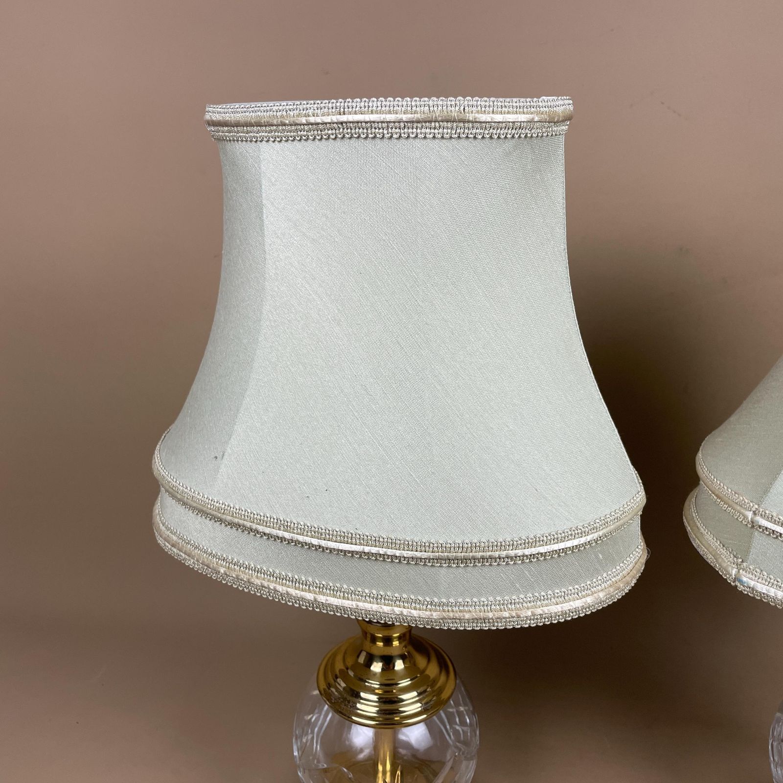 Pair Of 2 Antique Clear Cut Glass Lamps Light Bedside Table Brass Metal Gold Art Deco Round Base Vintage Elegant  Lampshade Shade Green Lamp photo buy