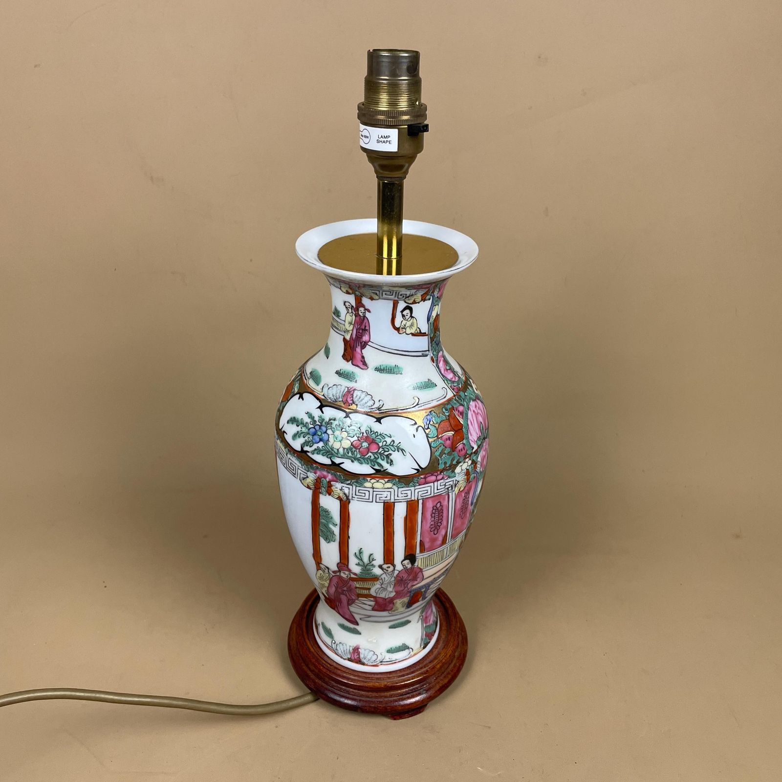 Oriental Ceramic Lamp Light Bedside Table Hand Painted Design Pattern Wood Base Chinese Vase Antique Brass Vintage Ginger Jar White photo buy