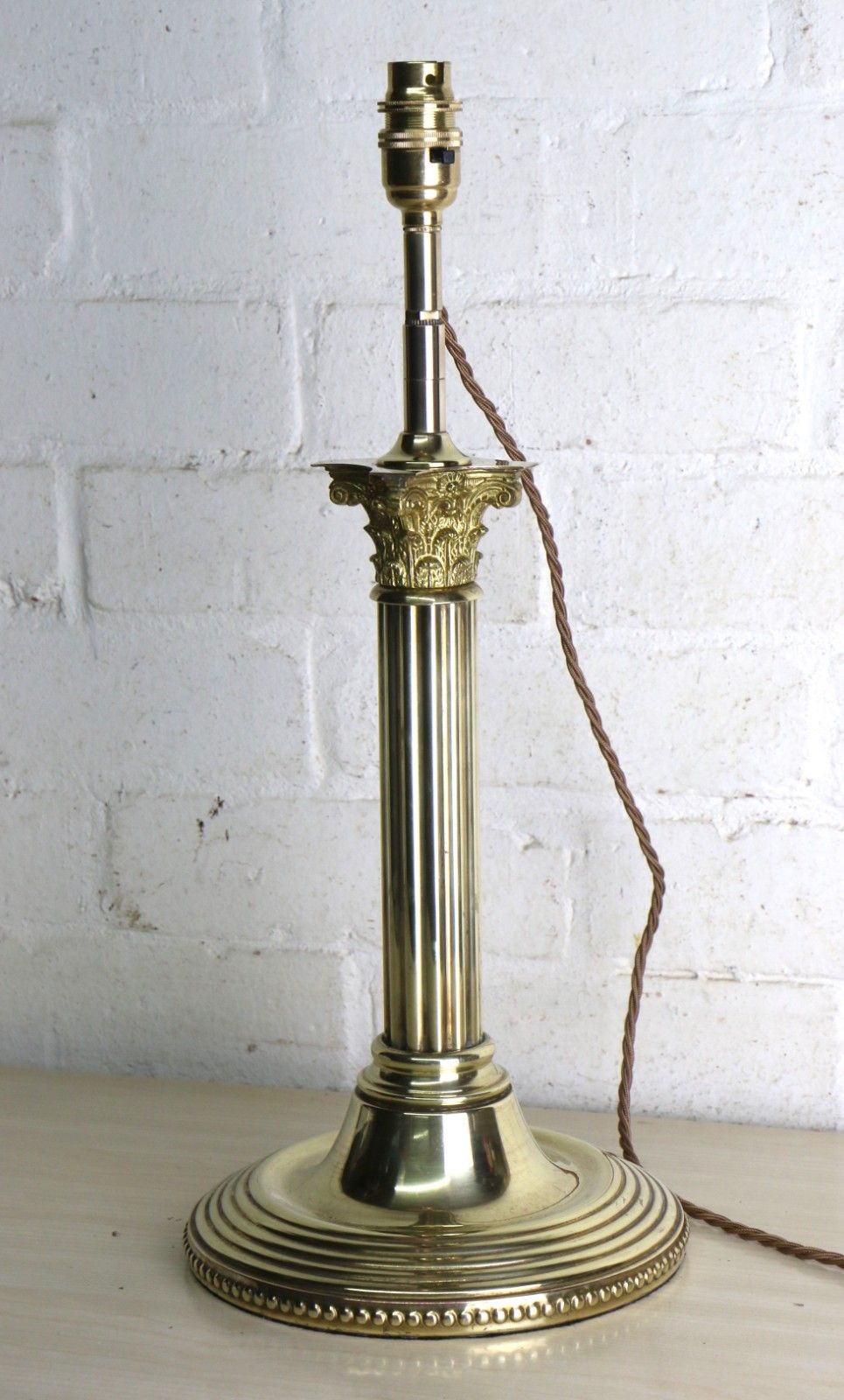 Table Lamp Corinthian Column Early 20th C. Brass Oil Lamp Conversion Round Base photo for sale