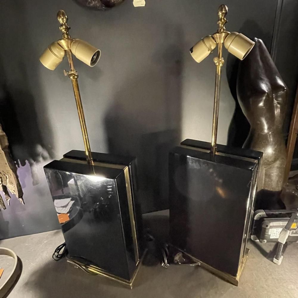 photo for sale Hollywood Regency Lamps In Black Lacquer And Brass, 1970s, Set Of 2
