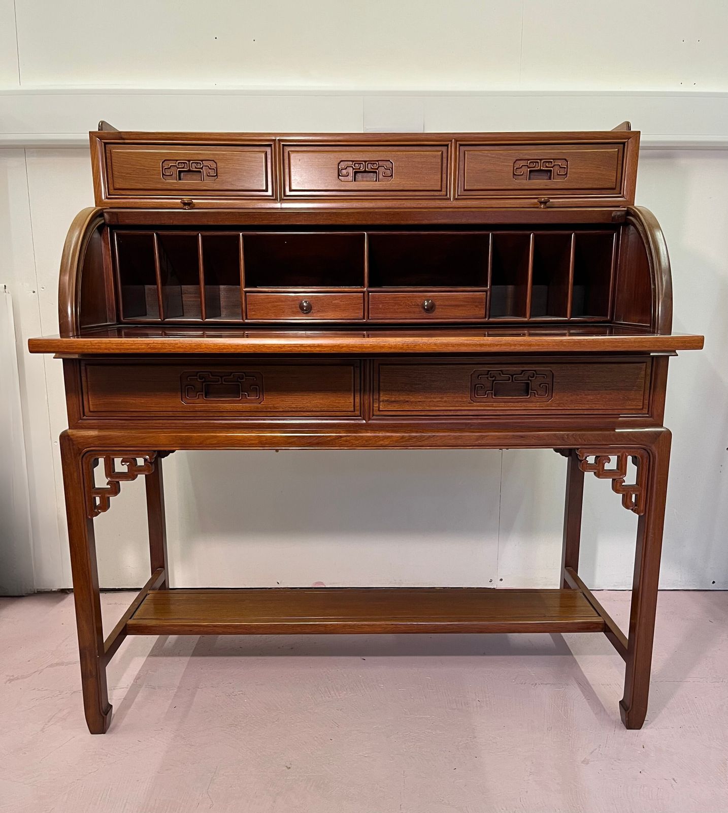 A Mid Century Chinese Hardwood Cylinder Bureau Desk photo furniture