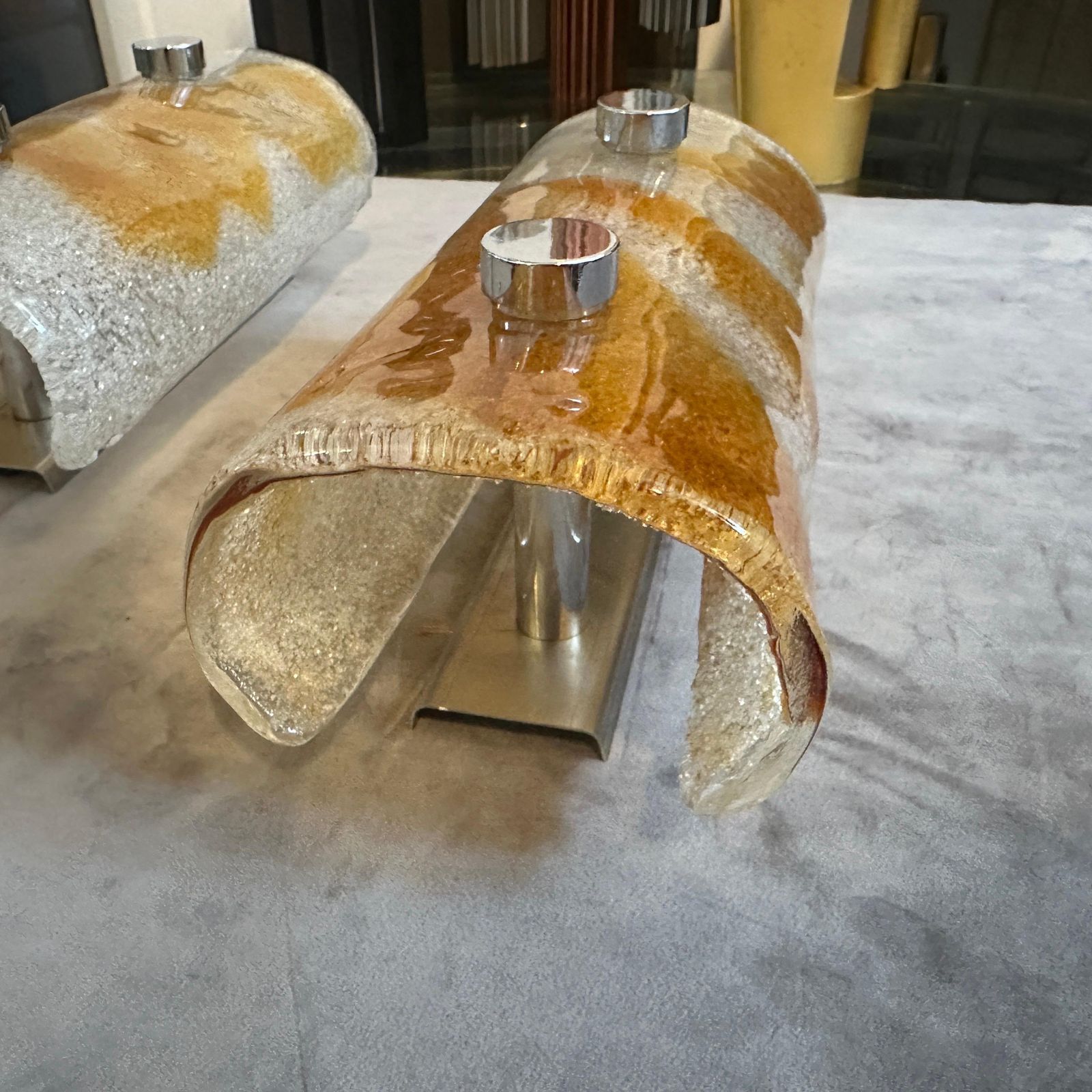 photo buy Two 1970s Space Age White And Brown Murano Glass And Steel Italian Wall Sconces