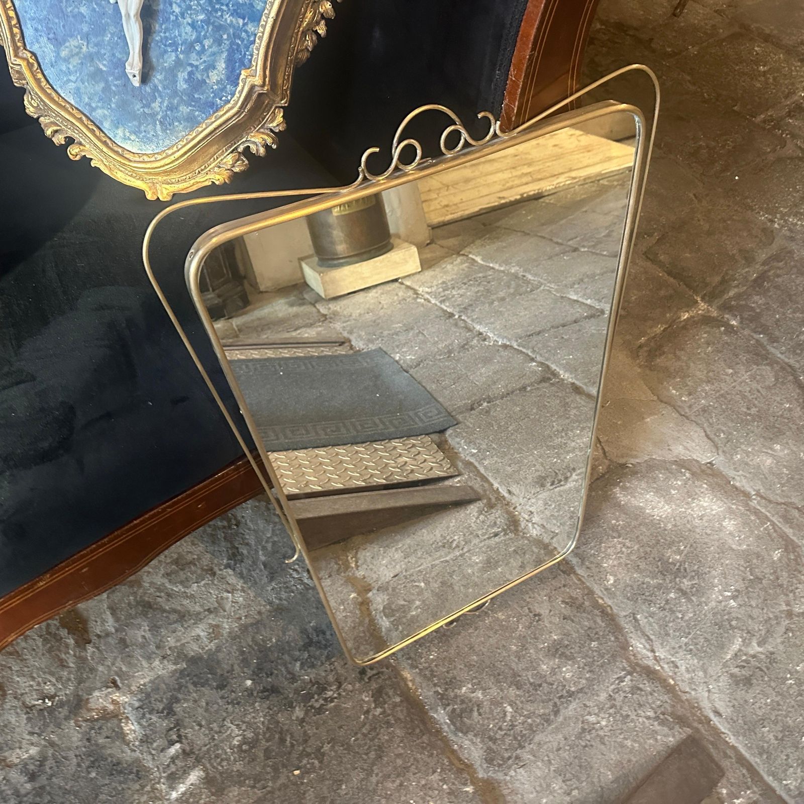 A 1950s Mid Century Modern Brass Italian Wall Mirror In The Manner Of Gio Ponti photo for sale
