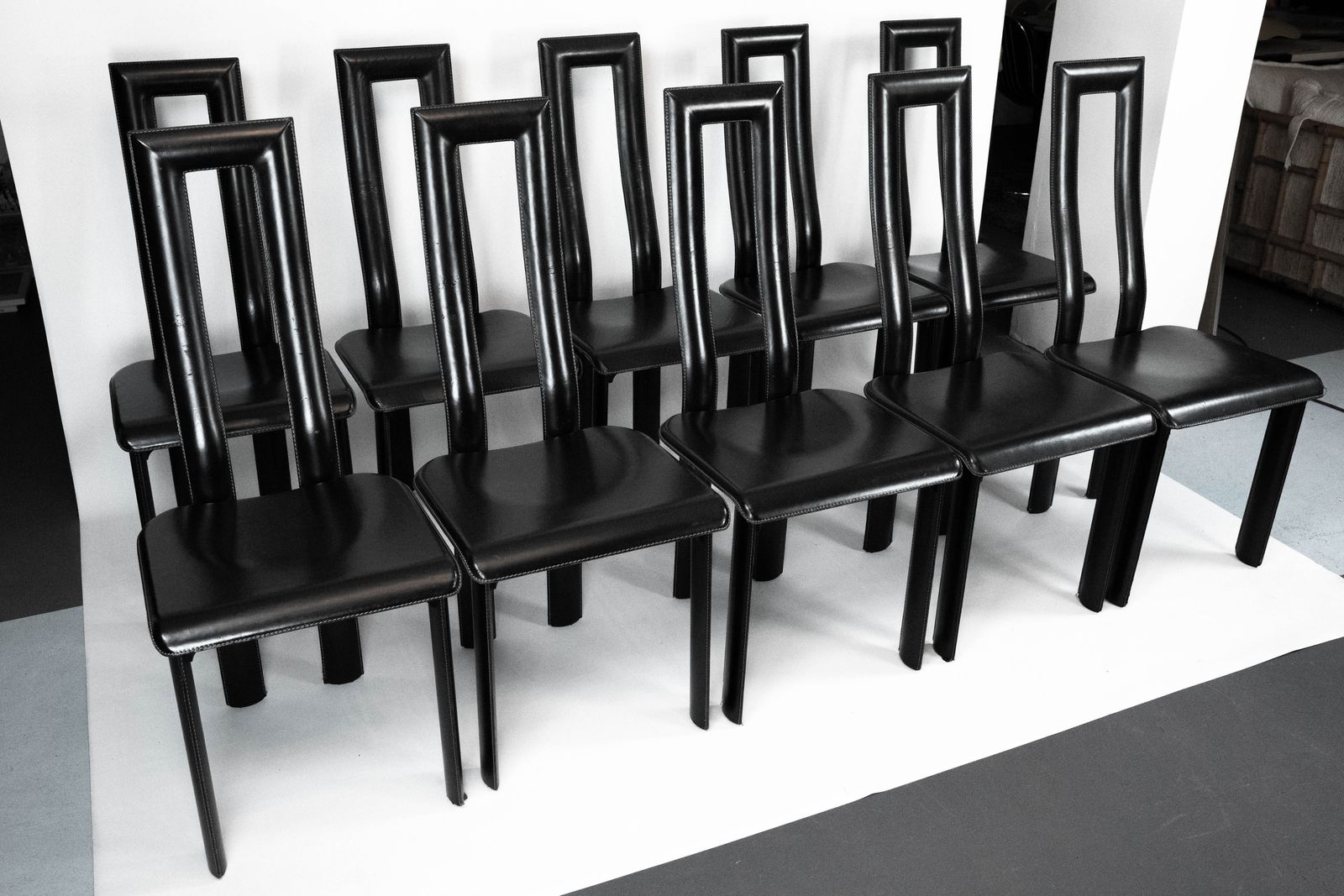 Postmodern Set Of Ten Leather Dining Chairs By Antonello Mosca For Ycami. Italy 1980s photo furniture