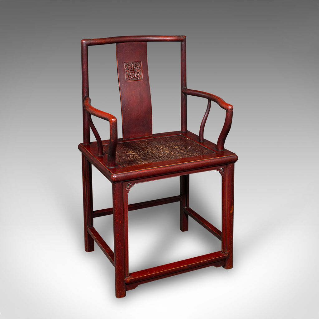 Pair Of Antique Side Chairs, Oriental, Lacquered, Elbow Seats, Cane, Victorian photo furniture