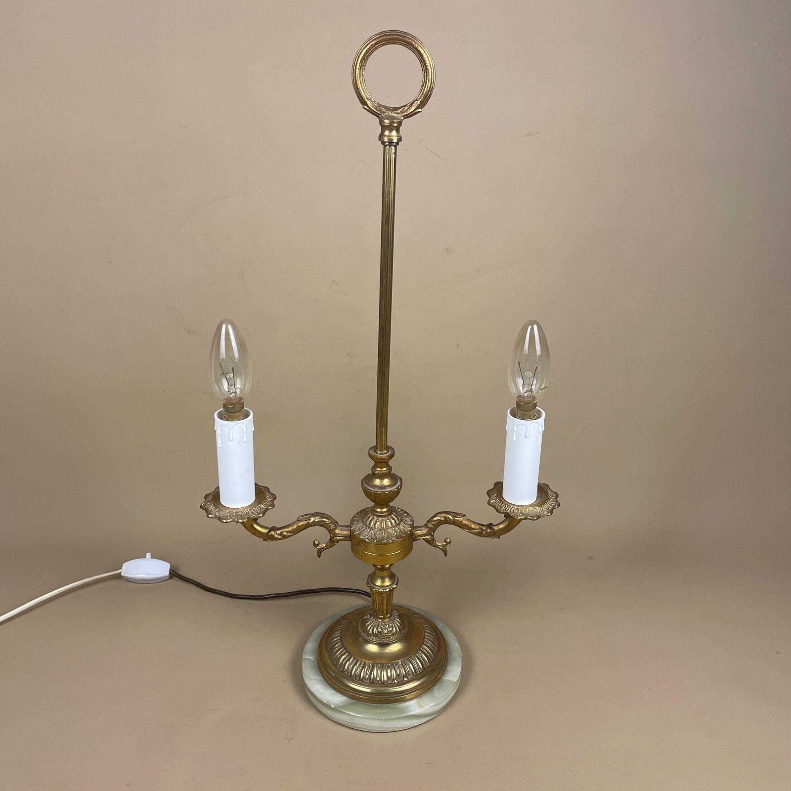 Antique Vintage Marble Stone Lamp Green Light Table Bedside Desk Lamp Natural Patterns Ornate Round Base Onyx Brass Metal Gold 2 Arms