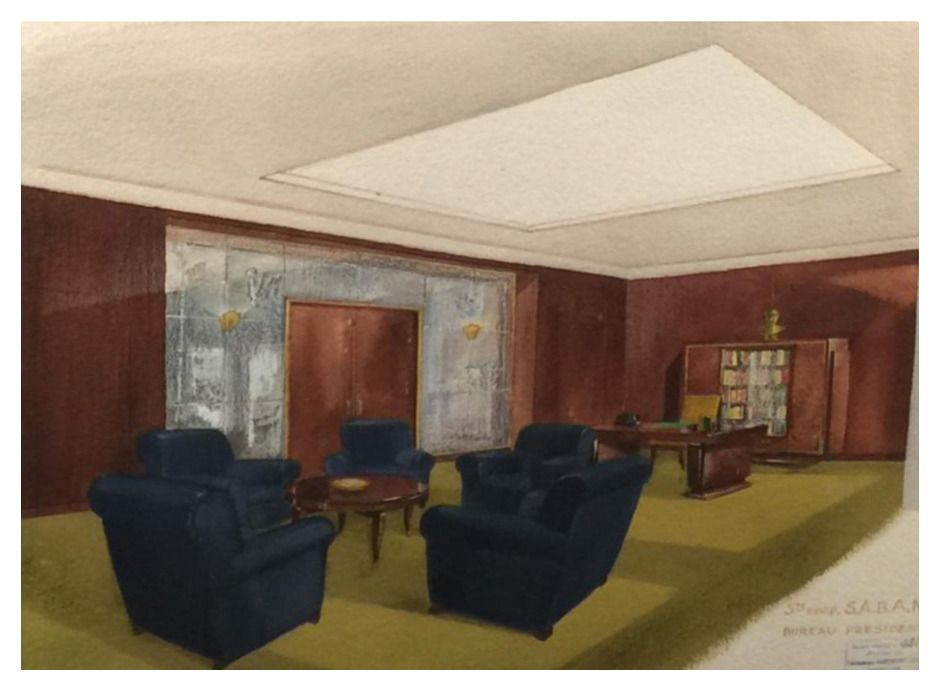 President's Office Of Sabam By The Vanderborght Establishments In Brussels, Watercolor, 1930s 1940s