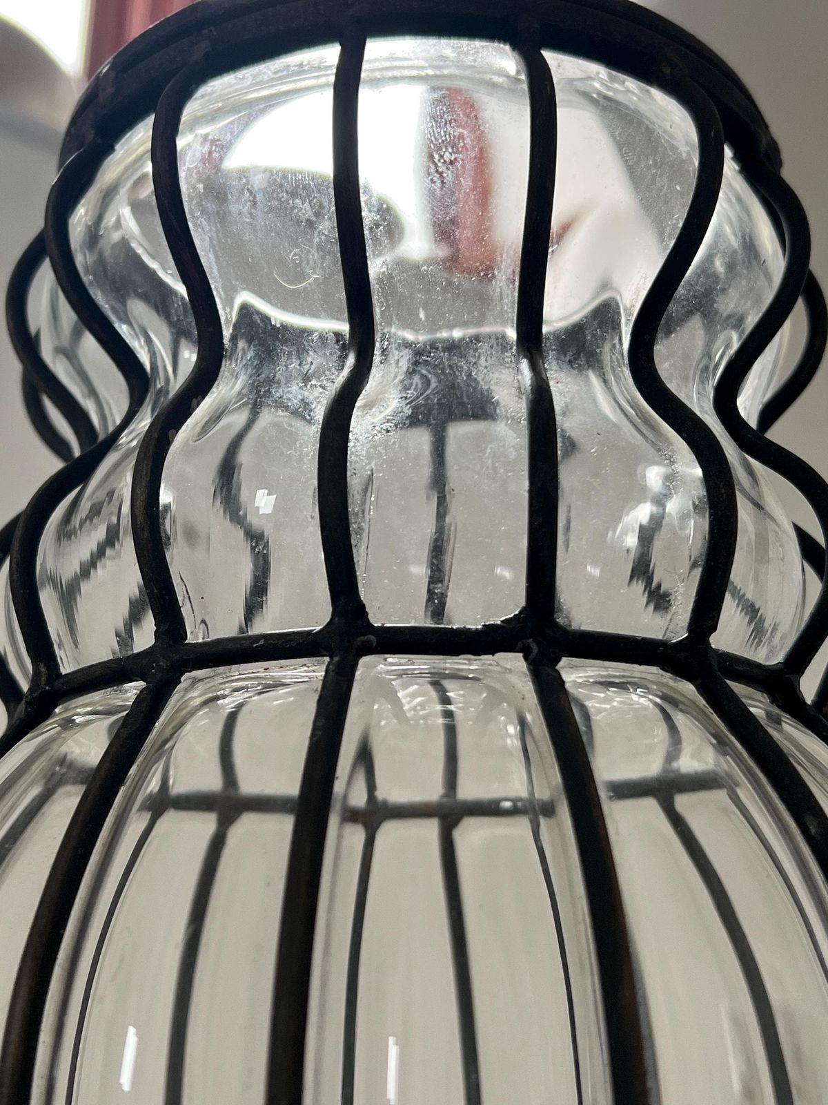 Art Deco Caged Glass Floor Vase, Wrought Iron Stand, C1930 photo 285.0