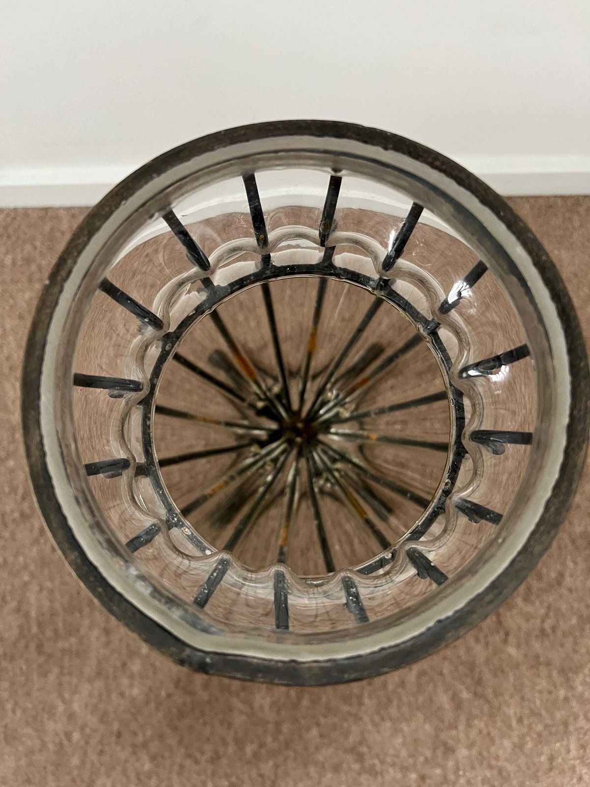 Art Deco Caged Glass Floor Vase, Wrought Iron Stand, C1930 photo vinterior