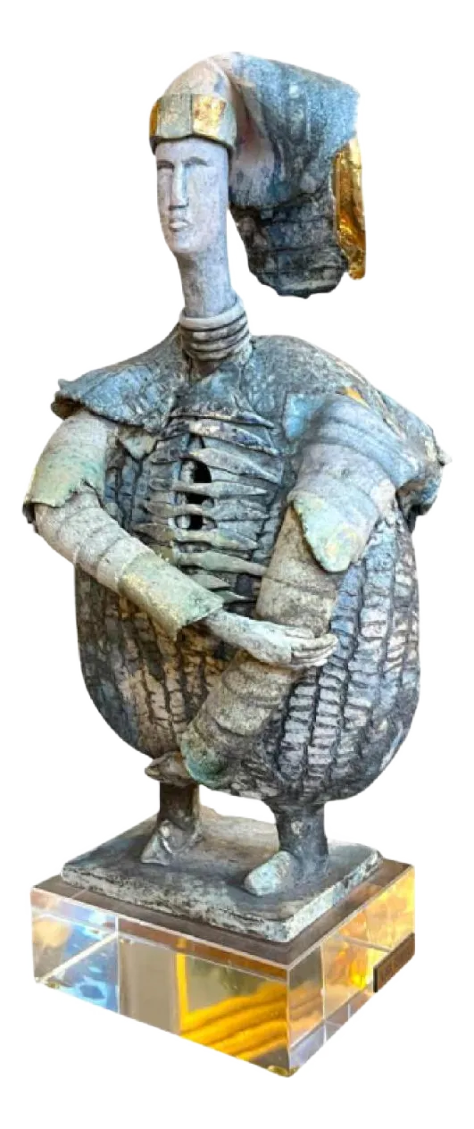 The Warrior Ceramic Sculpture In Enamel And Gilding By Klara Reynders, 1987
