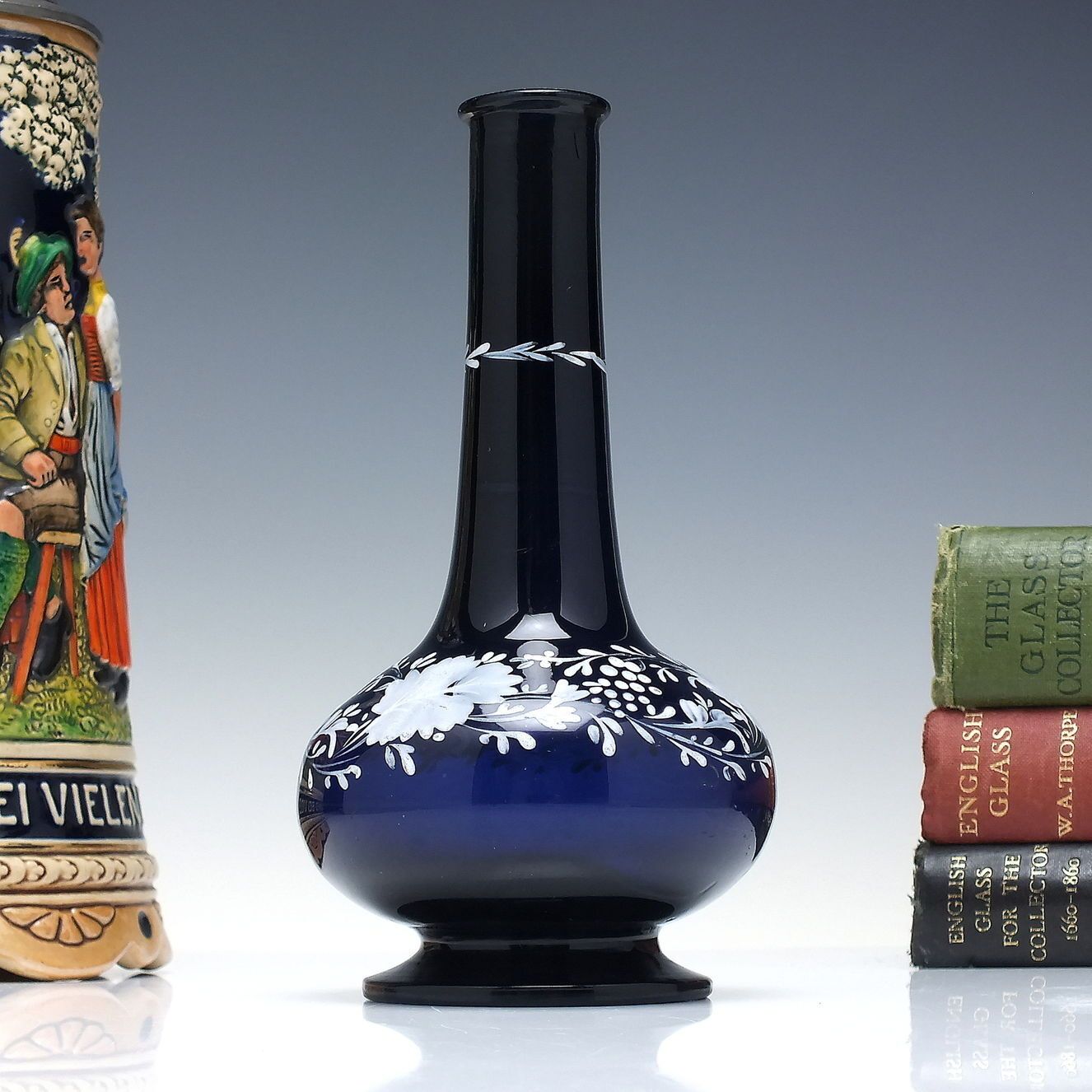 Victorian Bristol Blue Glass Stem Vase With White Enamelled Fruiting Vine C1860