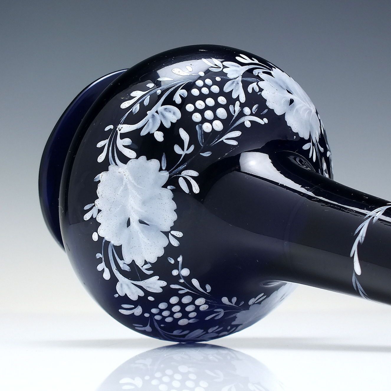 Victorian Bristol Blue Glass Stem Vase With White Enamelled Fruiting Vine C1860 photo Home Decor