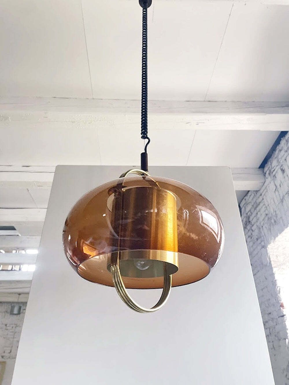Brass And Smoked Glass Pendant Lamp By Temde, Germany 1970s photo for sale