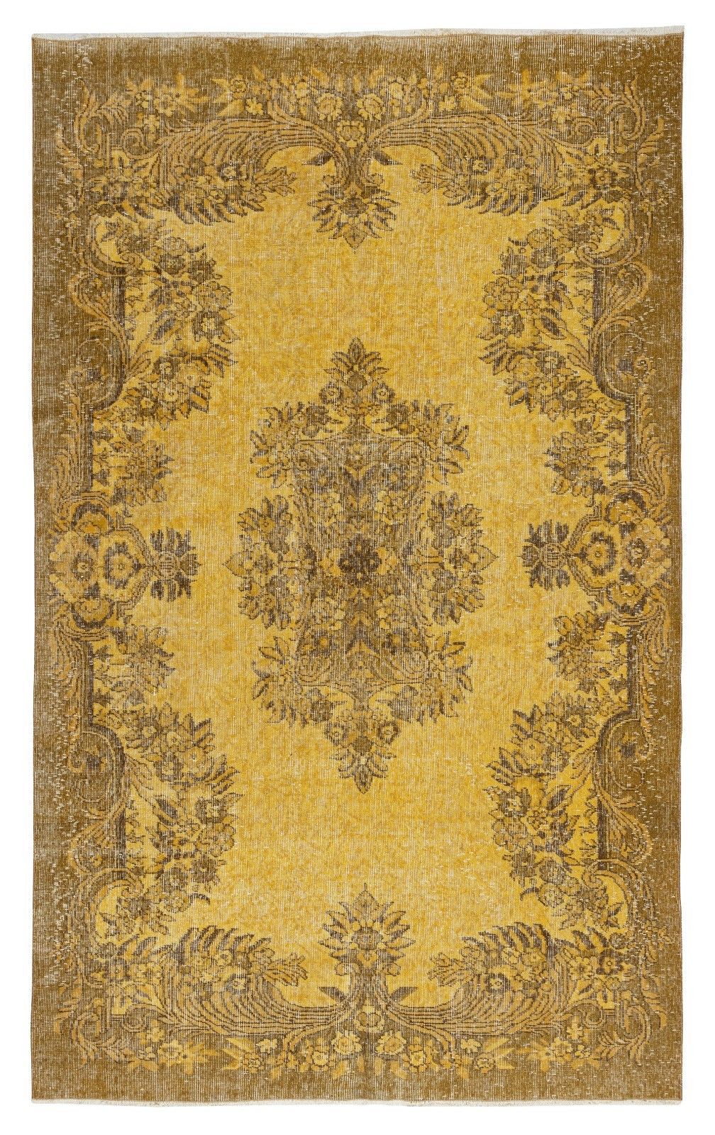 5.8x9.5 Ft Vintage Handmade Turkish Rug Overdyed In Yellow For Modern Interiors