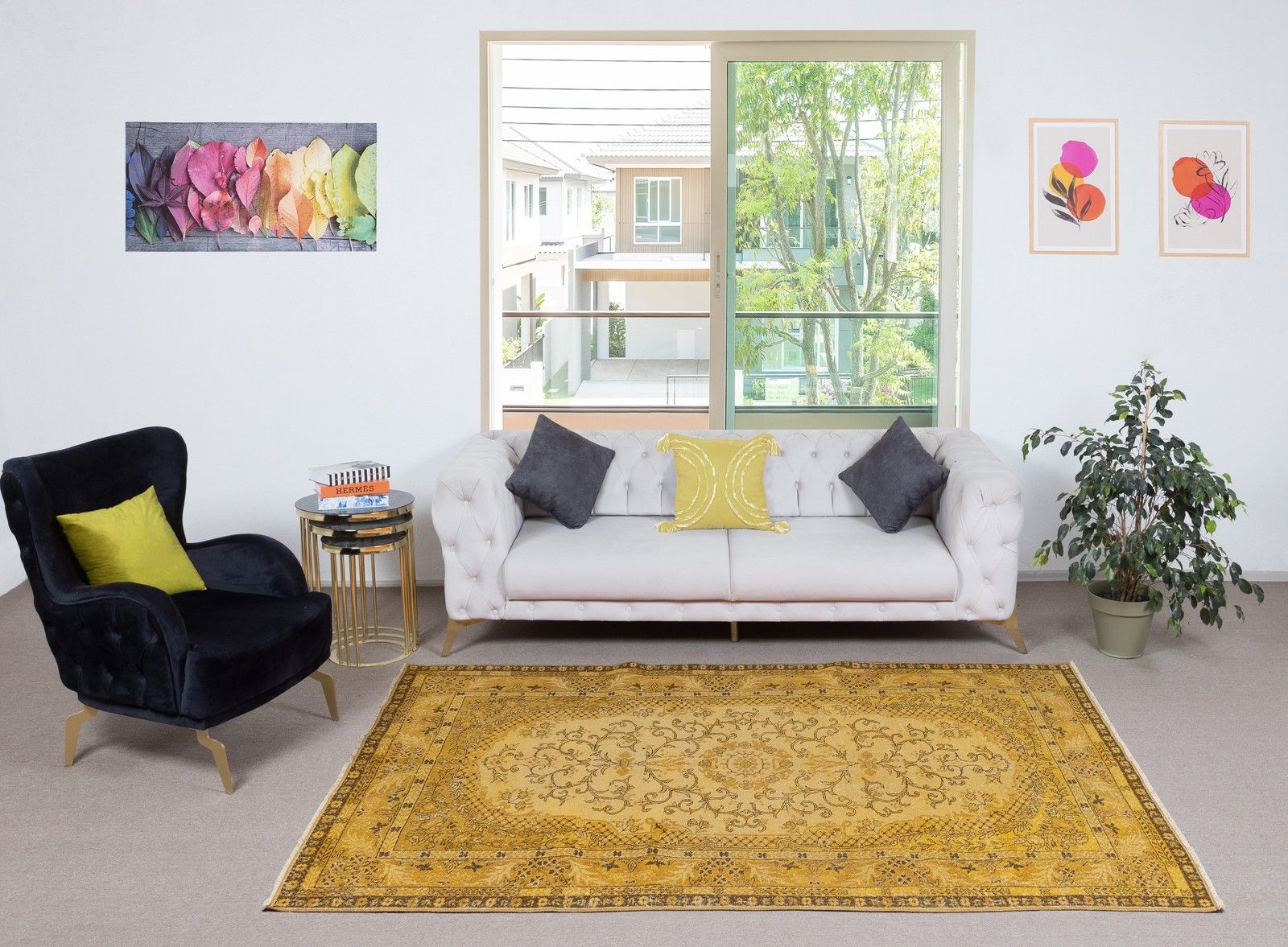 5.2x8.6 Ft Yellow Overdyed Vintage Rug. Hand Knotted Carpet For Modern Interiors photo furniture