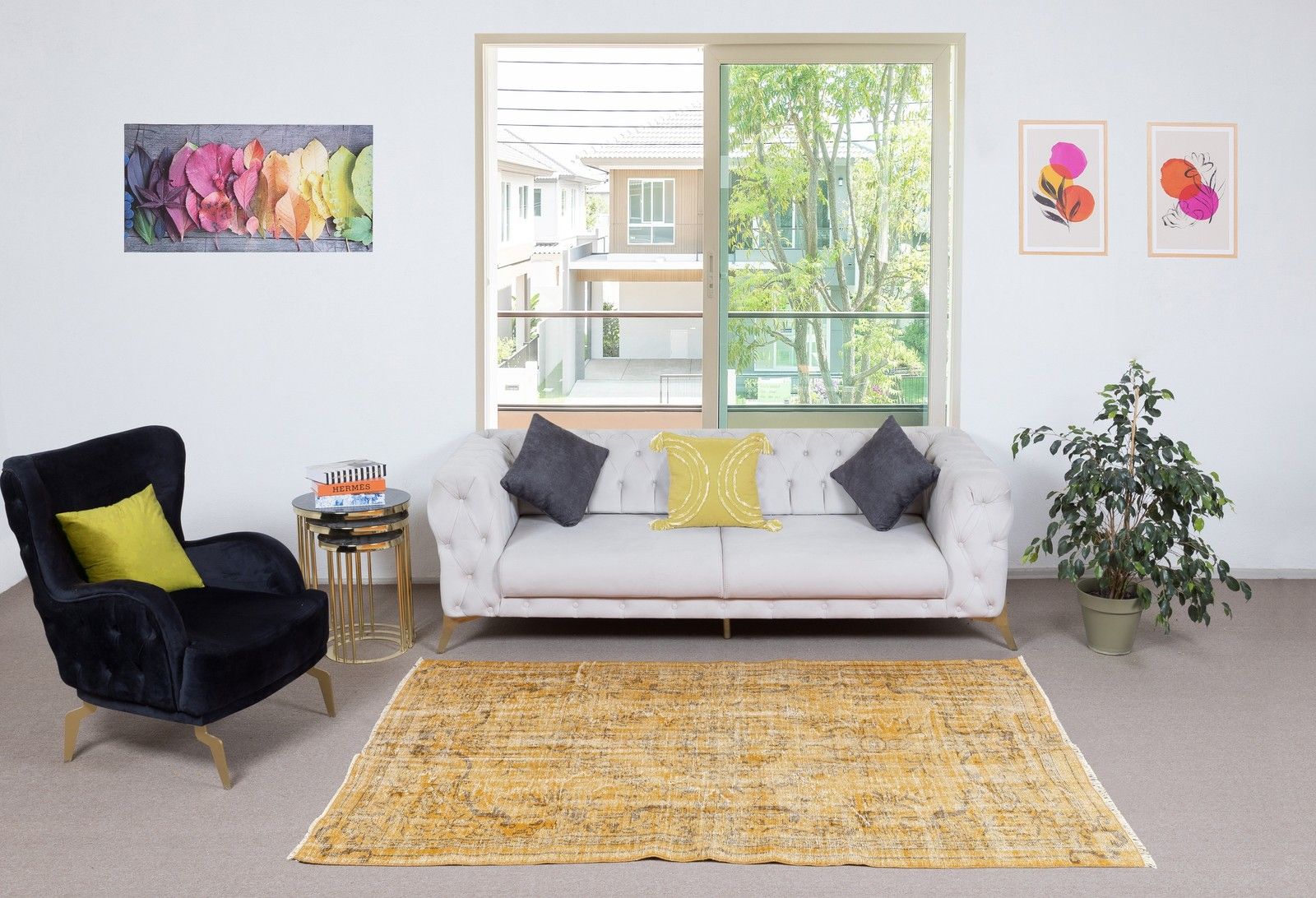 5x8 Ft Overdyed Yellow Wool Rug. Handmade Turkish Vintage Rug For Living Room photo furniture