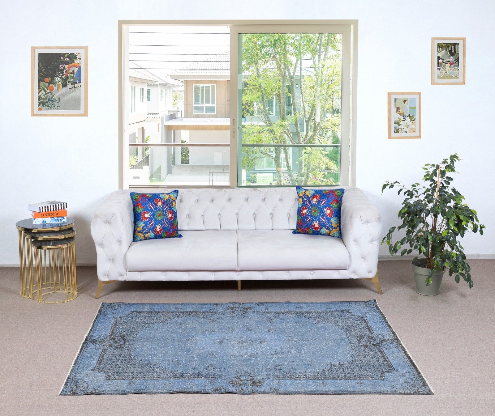 3.8x7.3 Ft Vintage Handmade Turkish Area Rug Redyed In Blue For Modern Interiors photo furniture