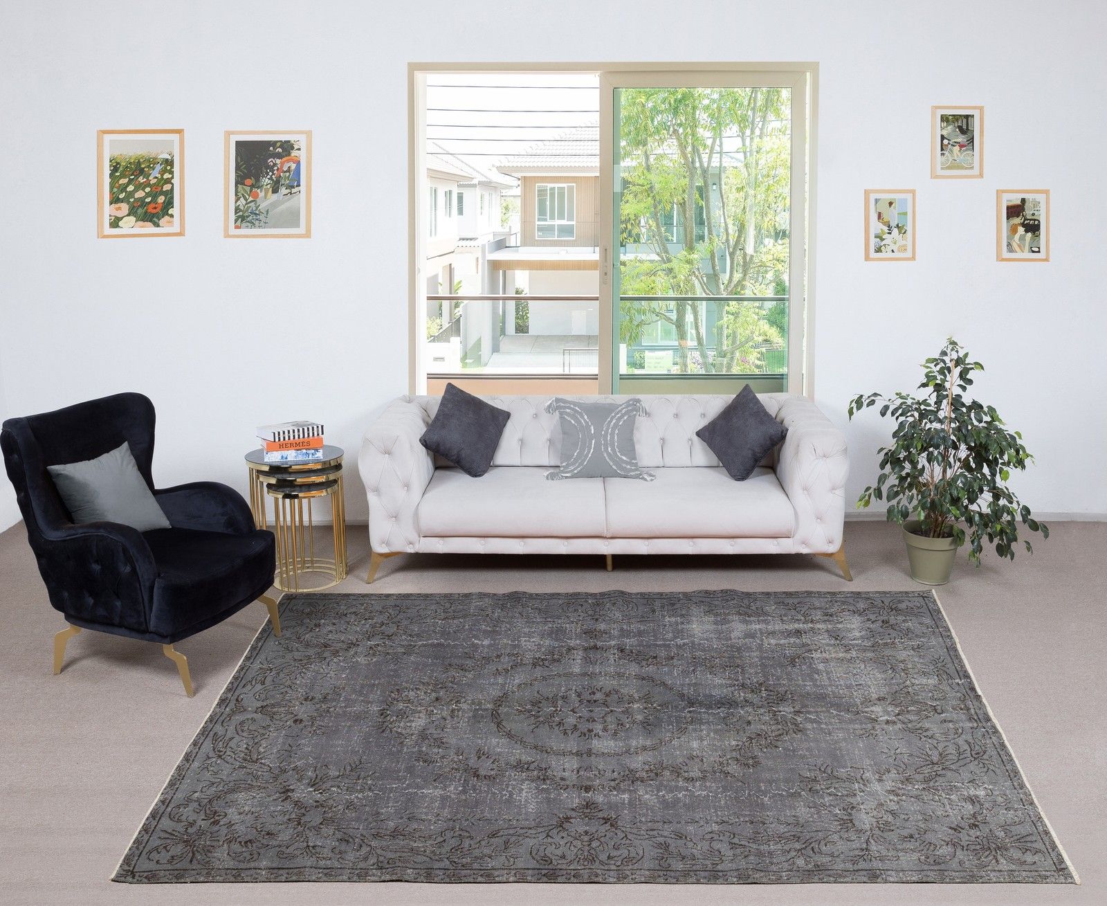 6.7x10.3 Ft Gray Vintage Wool Area Rug. Modern Hand Knotted Carpet photo furniture