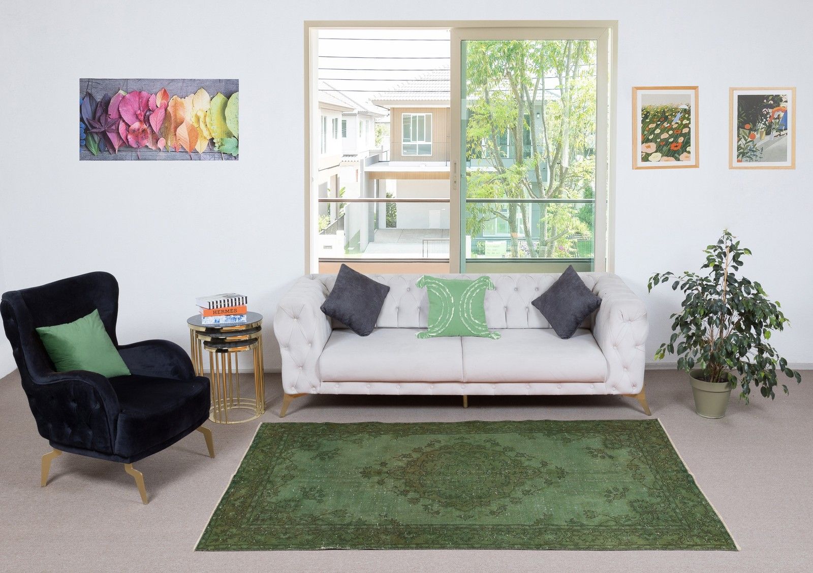 4.7x8 Ft Hand Knotted Vintage Turkish Rug Overdyed In Green For Modern Interiors photo furniture