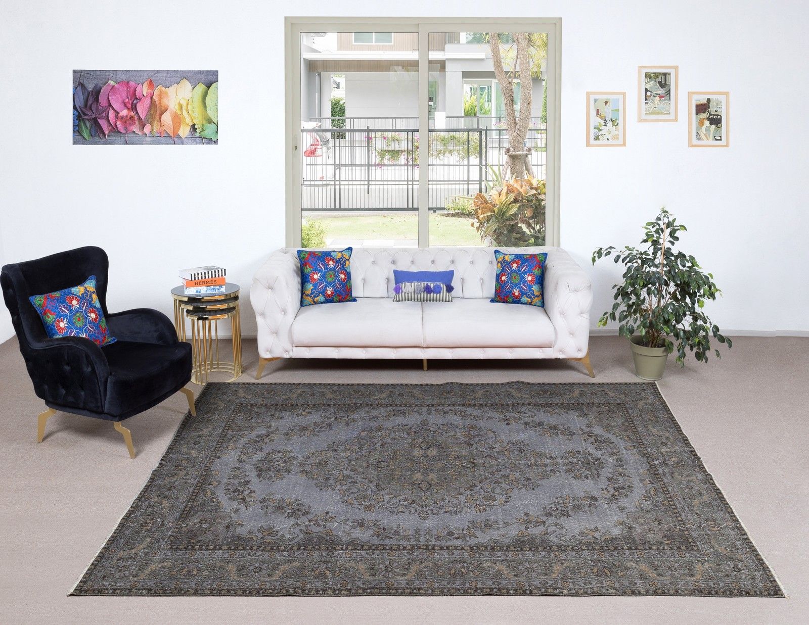 6.5x9.8 Ft Gray Overdyed Vintage Rug For Modern Interiors. Handknotted In Turkey photo furniture