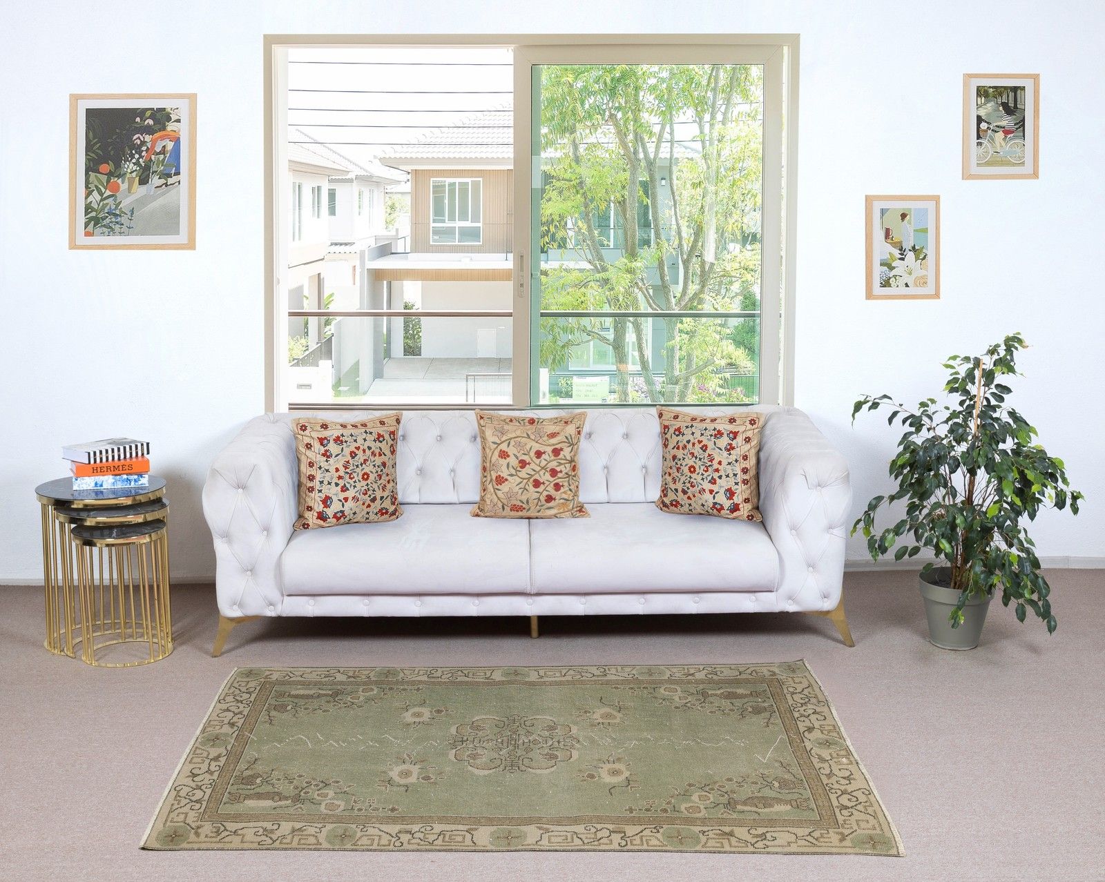 3.7x6.7 Ft Vintage Green Rug With Chinese Art Deco Design. Handknotted In Turkey photo furniture