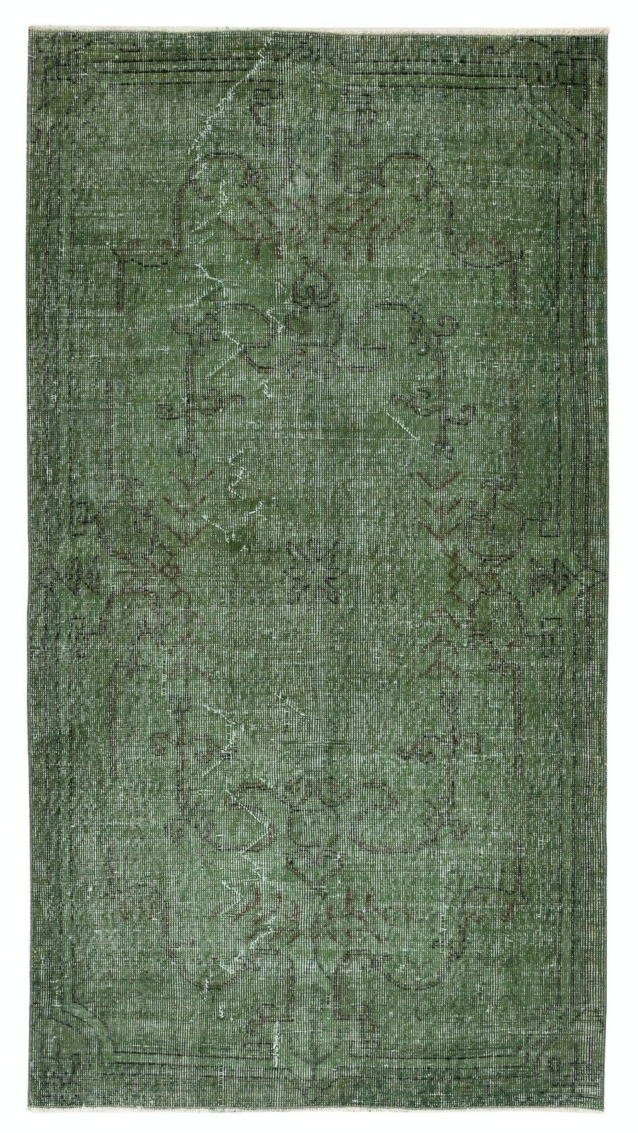 3.7x6.7 Ft Vintage Rug Overdyed In Green For Modern Interior. Handmade In Turkey