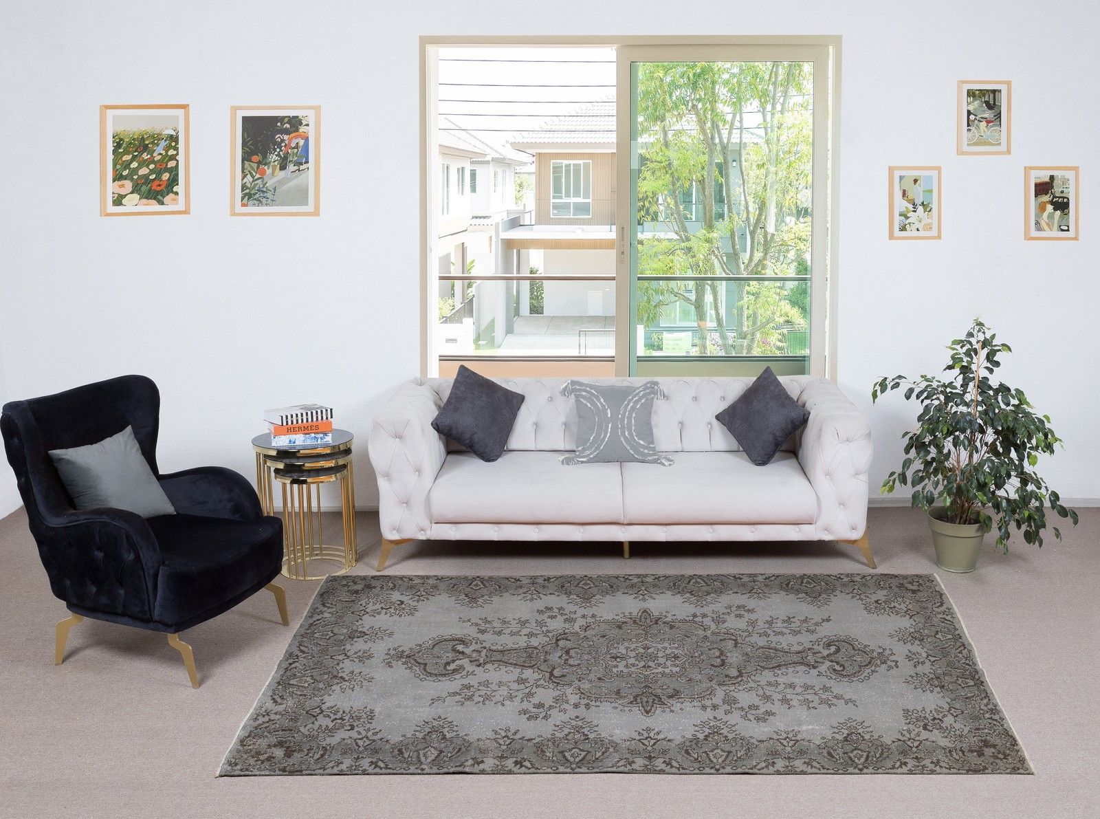 5.6x9.3 Ft Gray Overdyed Vintage Rug For Modern Interiors. Handknotted In Turkey photo furniture
