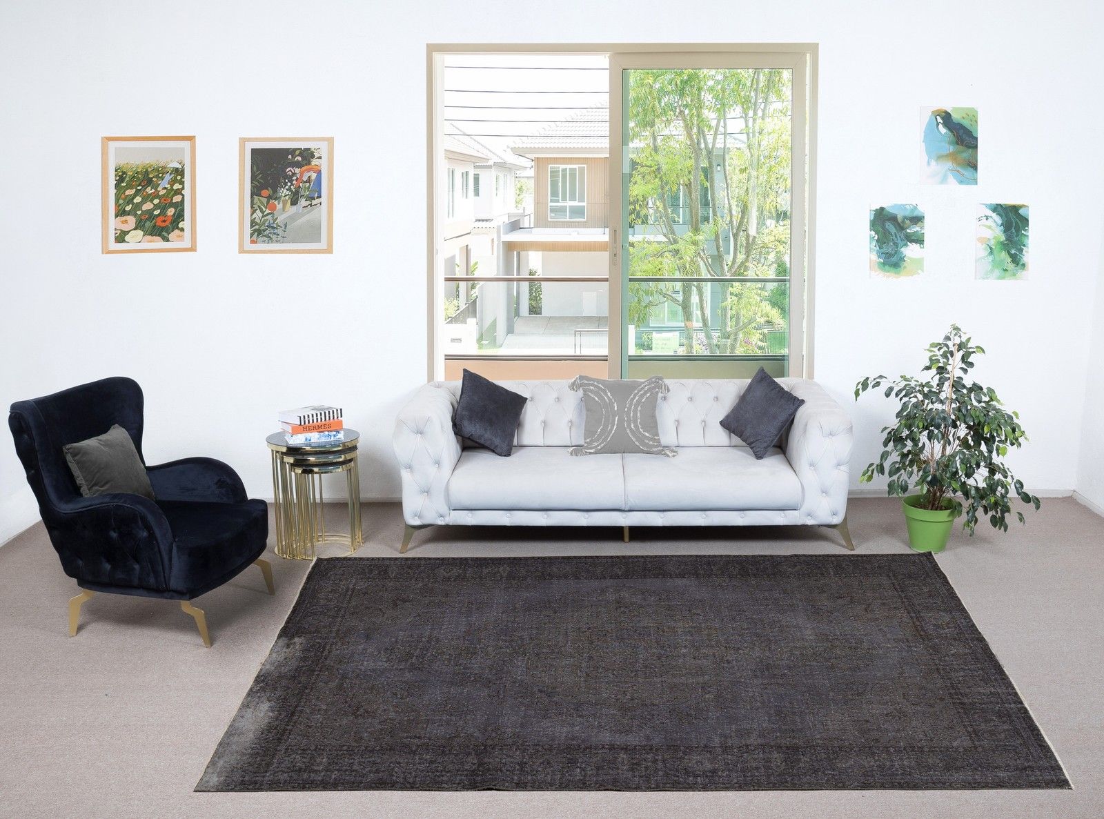 6.5x10.5 Ft Gray Overdyed Vintage Rug For Modern Interior. Handknotted In Turkey photo furniture