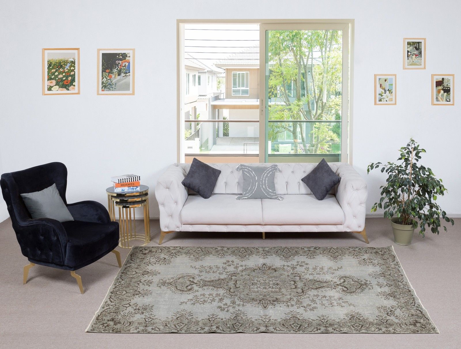 5.4x9.3 Ft Gray Overdyed Vintage Rug For Modern Interiors. Handknotted In Turkey photo furniture