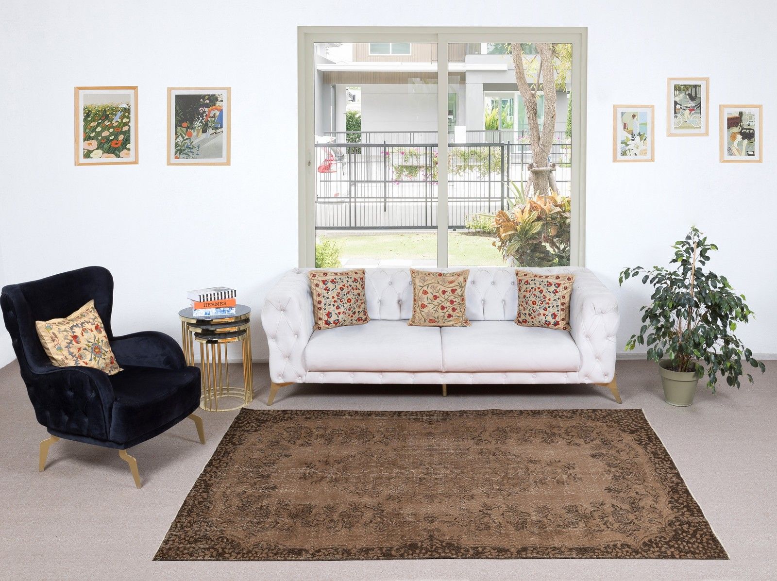 5.6x9 Ft Vintage Handmade Turkish Area Rug Overdyed In Brown For Modern Interior photo furniture