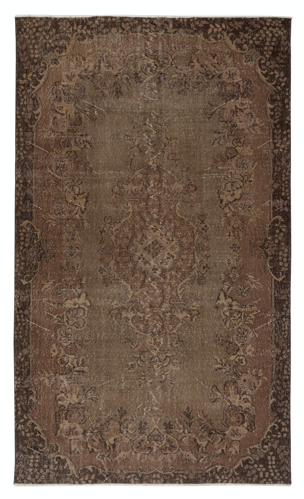 5.6x9.4 Ft Vintage Rug Redyed In Brown For Modern Interiors. Handmade In Turkey