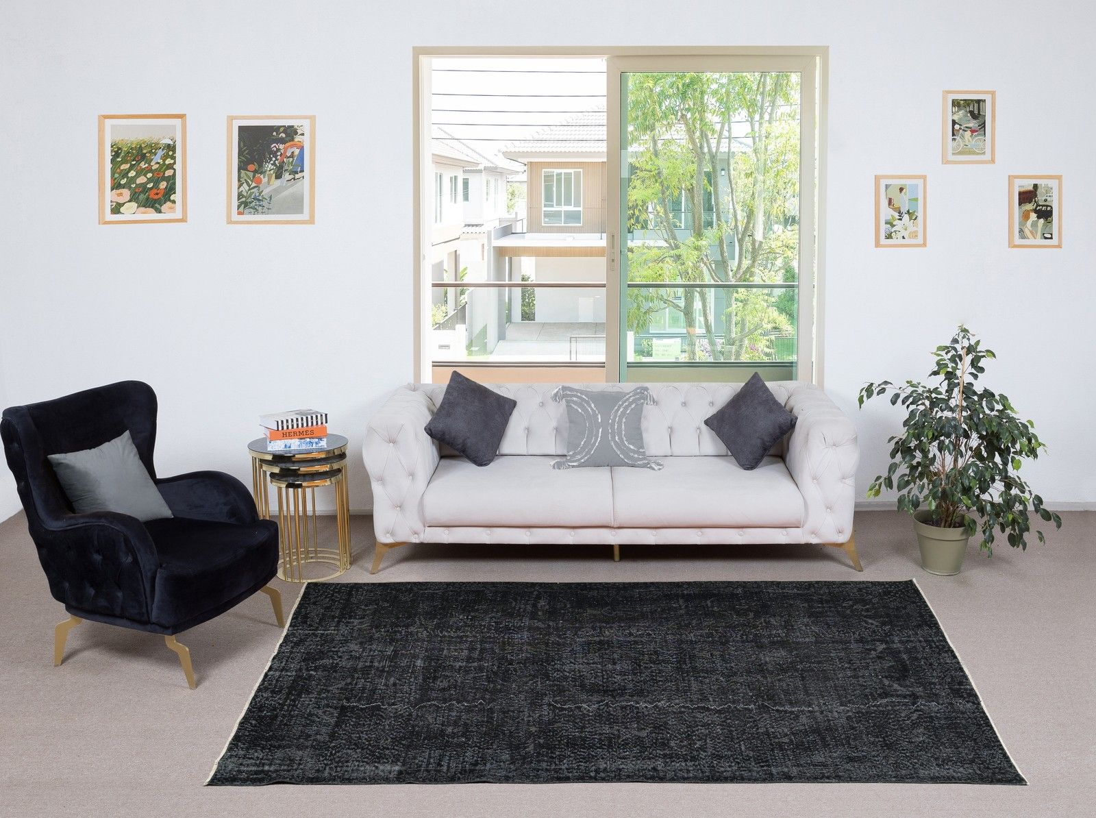 5.6x9.3 Ft Vintage Handmade Rug. Black Turkish Rug For Modern Home And Office photo furniture