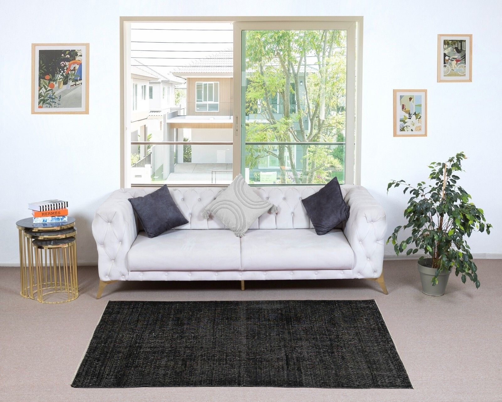 3.7x6.8 Ft Hand Knotted Vintage Turkish Rug Redyed In Black For Modern Interiors photo furniture