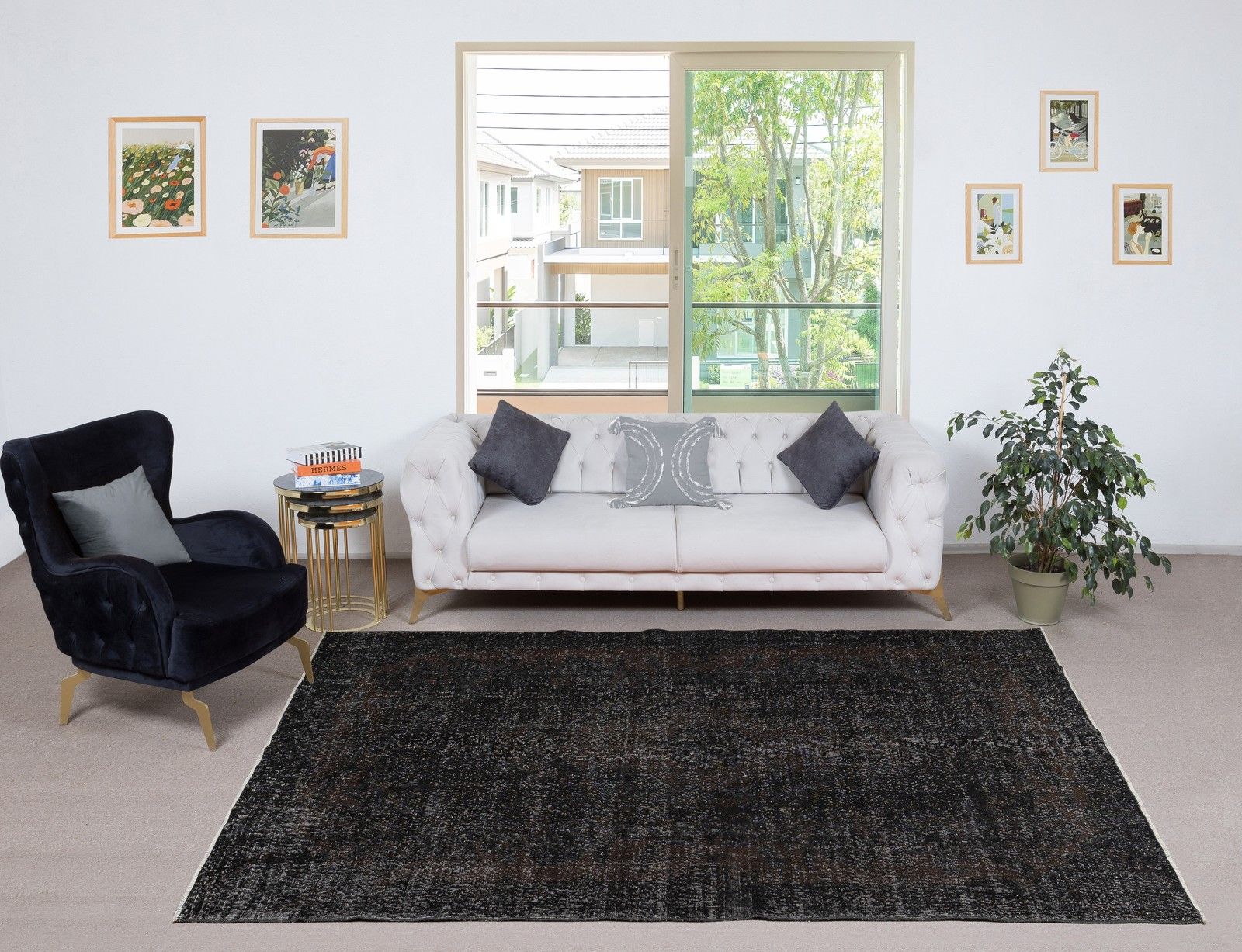 6.4x9.8 Ft Plain Black Overdyed Area Rug, Handknotted And Handwoven In Turkey photo furniture