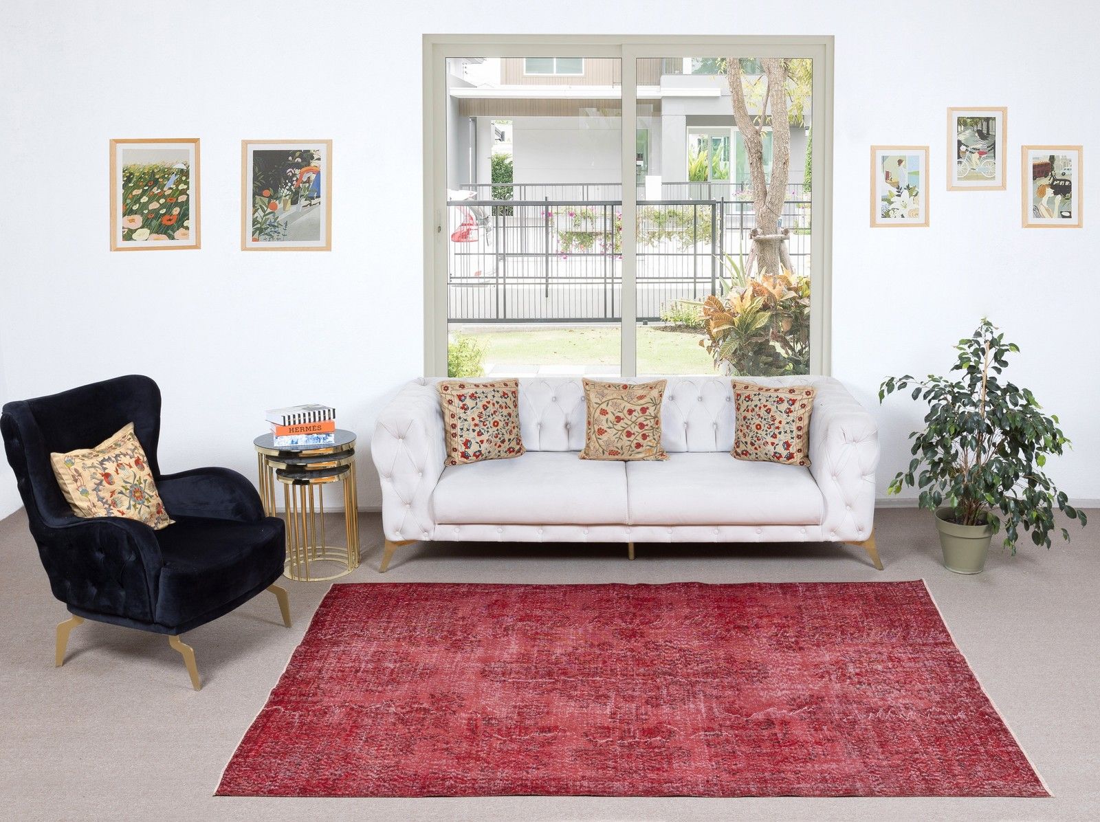 5.7x8.8 Ft Red Overdyed Vintage Rug For Modern Interiors. Handknotted In Turkey photo furniture