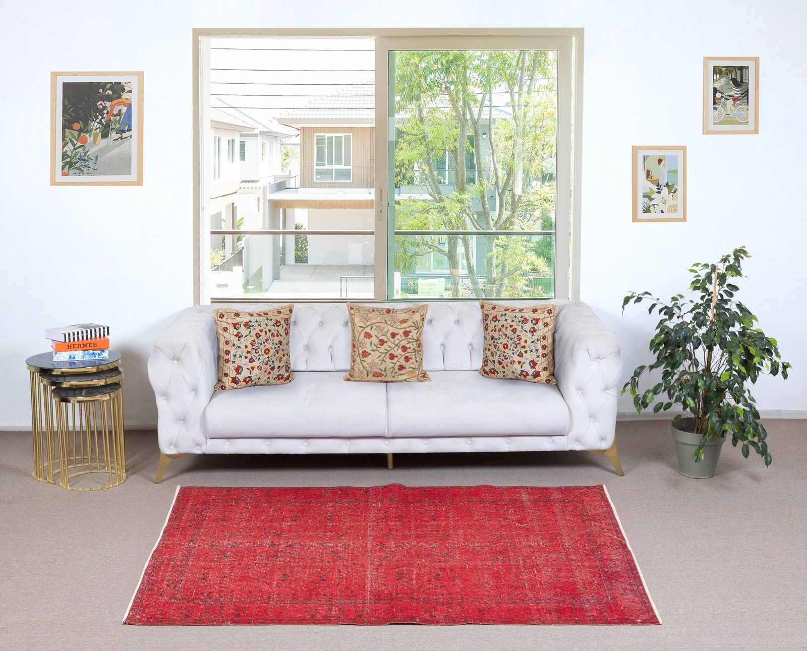 3.7x7 Ft Modern Turkish Wool Rug. Vintage Red Overdyed Handmade Area Rug photo furniture