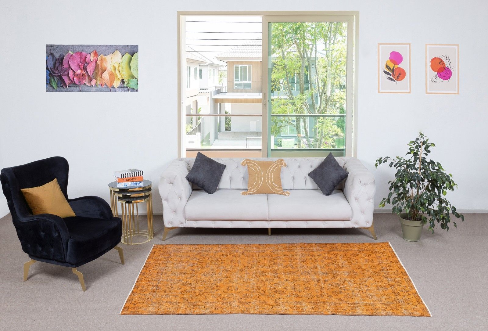 4.8x8.3 Ft Hand Knotted Vintage Rug Overdyed In Orange For Modern Interiors photo furniture
