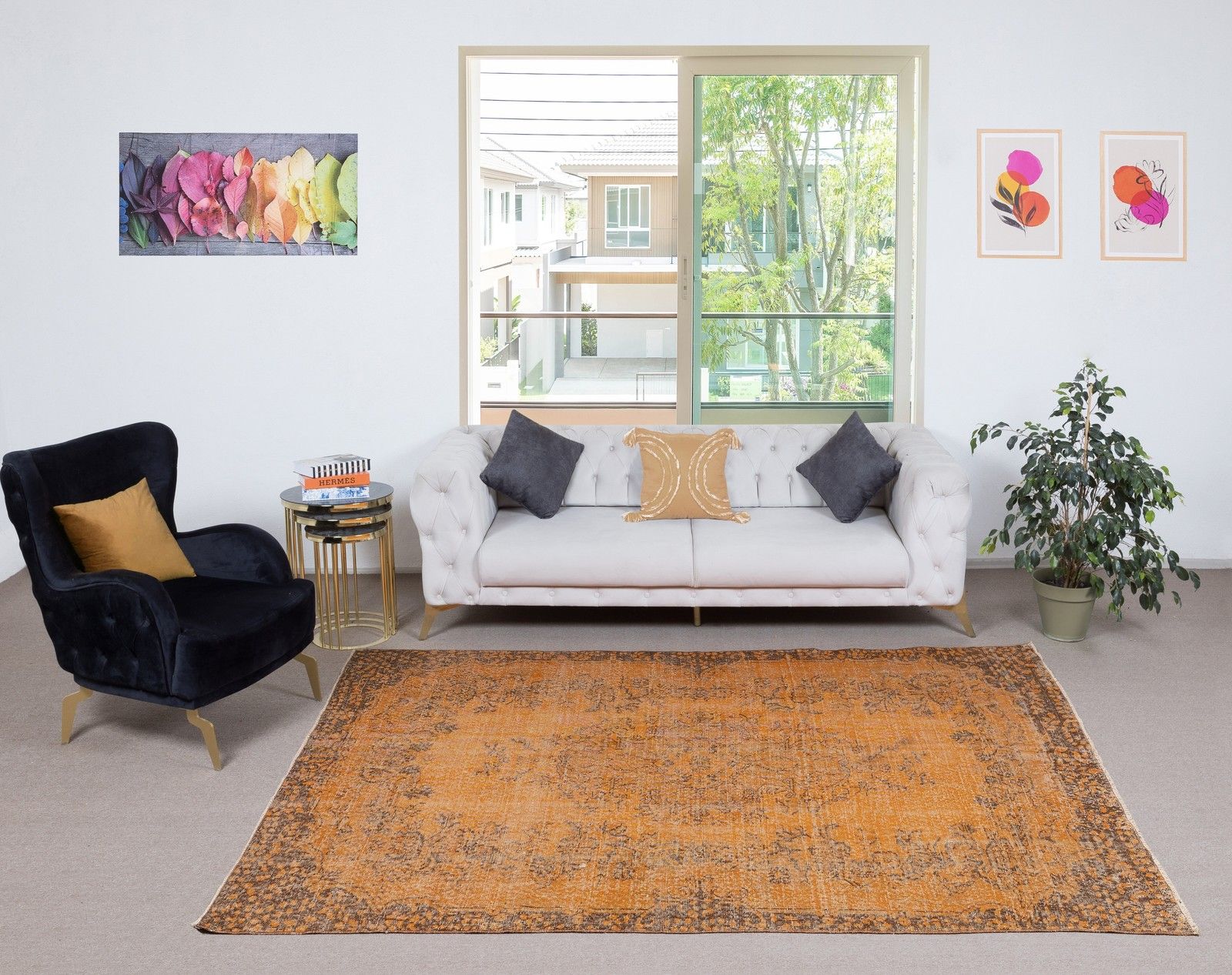 5.8x9 Ft Orange Redyed Vintage Rug For Modern Interiors. Handknotted In Turkey photo furniture