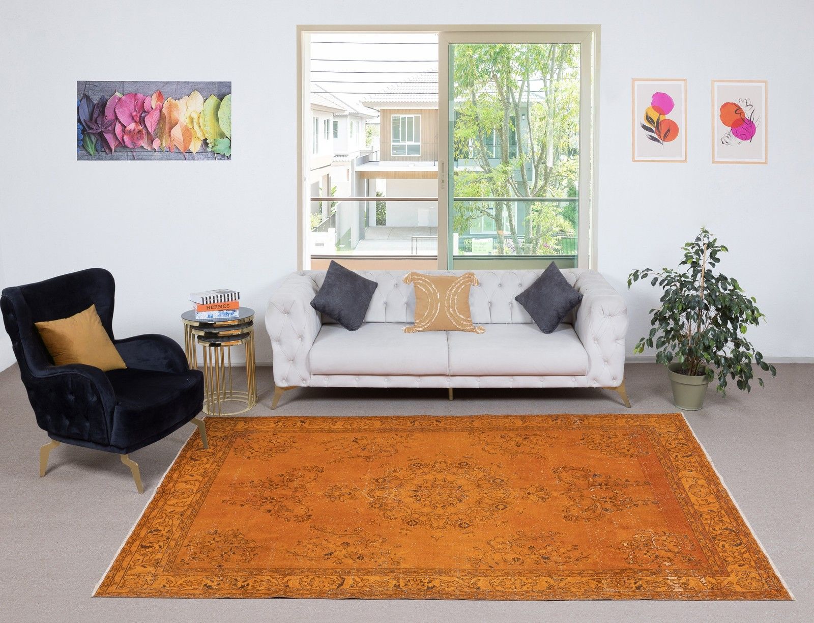 6.8x10 Ft Vintage Handmade Turkish Rug Overdyed In Orange For Modern Interiors photo furniture