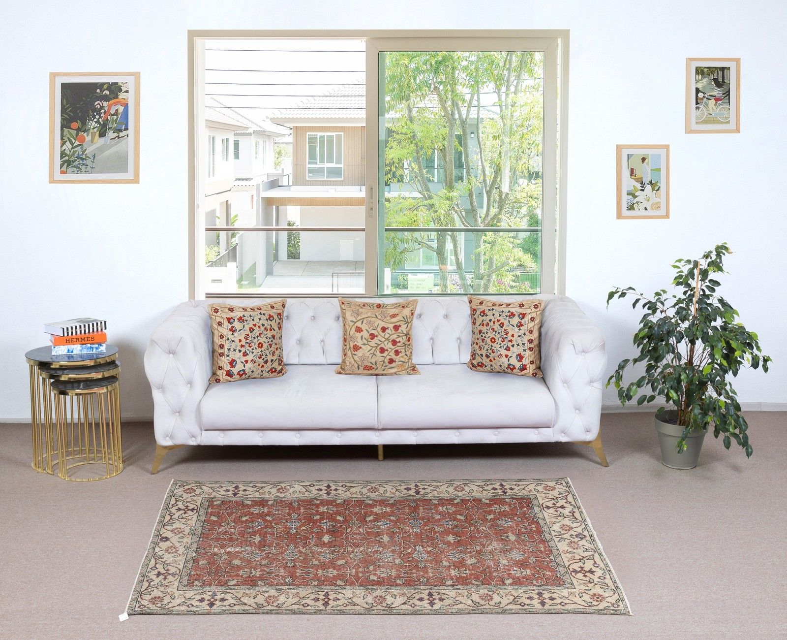 3.7x6.5 Ft Vintage Handmade Turkish Red Wool Accent Rug With Floral Design photo furniture