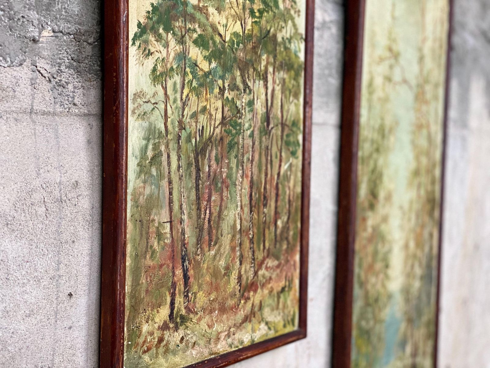 Pair Antique Woodland Forest Tree Oil Paintings On Board photo 375.0