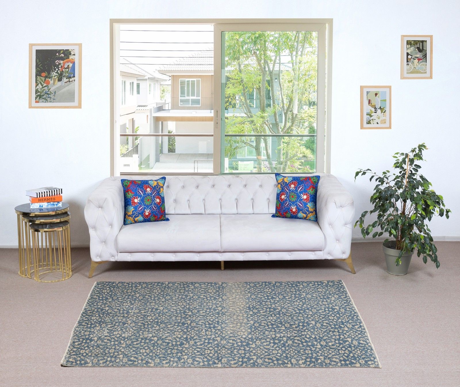 3.8x7 Ft Vintage Handmade Turkish Blue Wool Accent Rug With Floral Design photo furniture