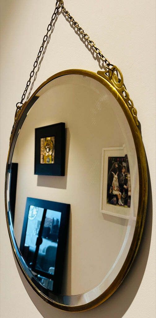photo vintage Art Nouveau Arts & Crafts Style Bevelled Glass Rose Gold Brass Wall Mirror