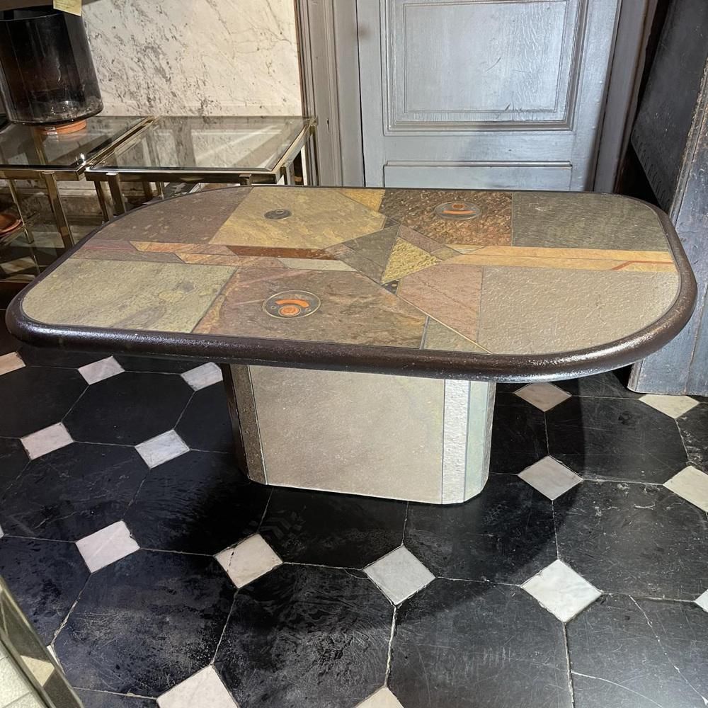photo buy Brutalist Coffee Table In Stone, Copper & Brass By Paul Kingma, 1970s