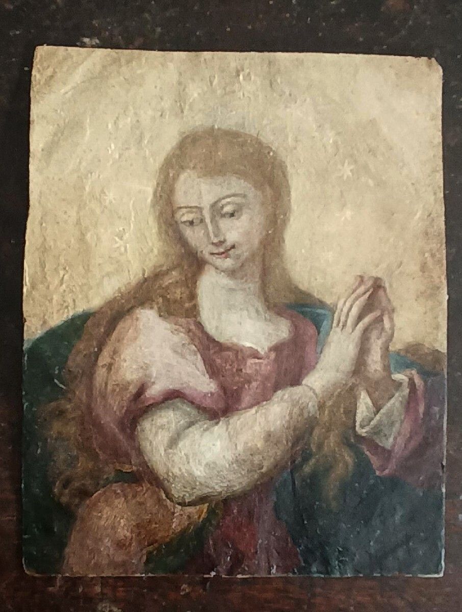 Antique Painting On Copper, Double Painting, Saint Catherine Of Siena photo for sale