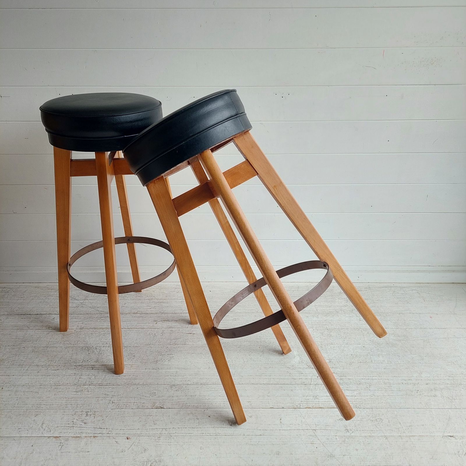 Mid Century Bar Stools Danish Style By Benchairs 70s Beech And Vinyl, Set Of 2 photo for sale
